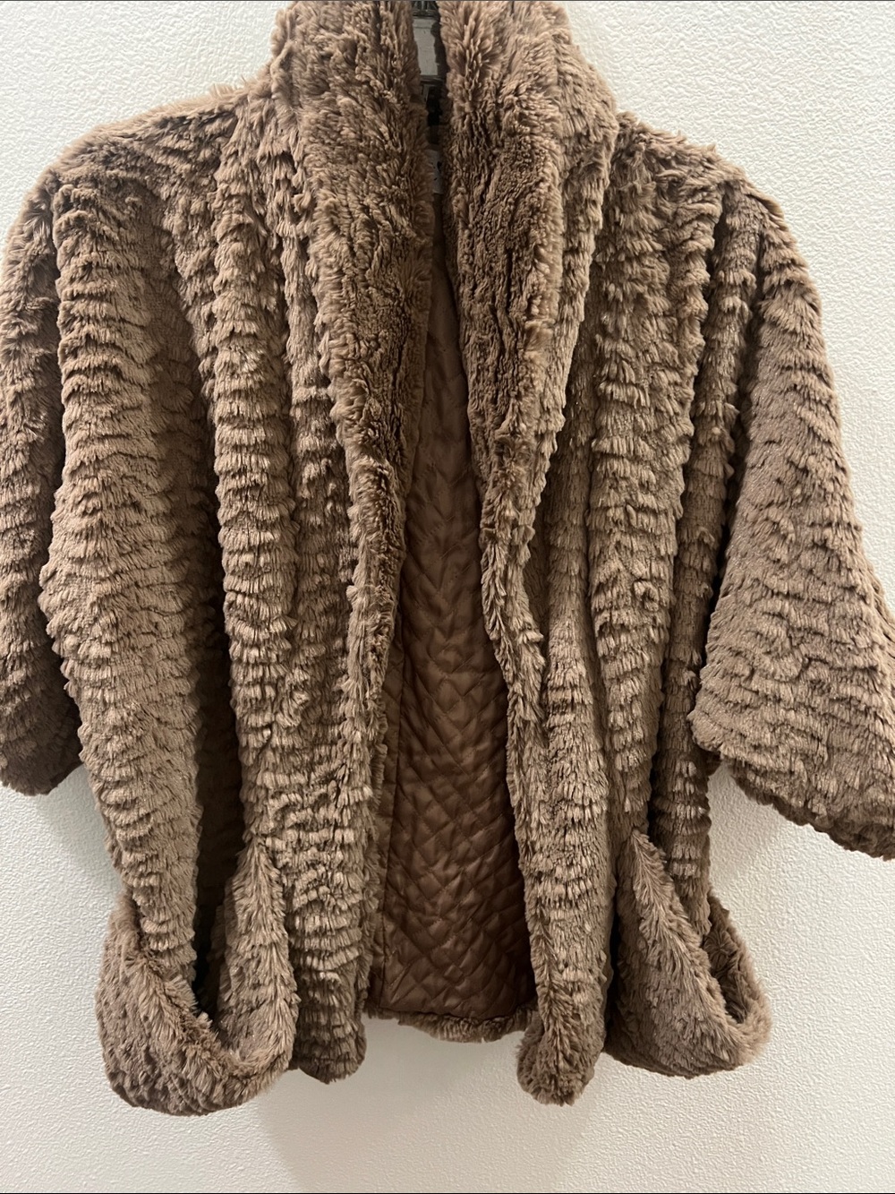Jolt Plush Faux-Fur Open Cardigan Jacket in Brown